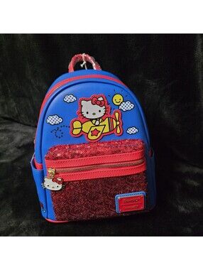 Loungefly Hello Kitty On A Plane Mini Sequin Zip Backpack Blue Red Pocket NWT